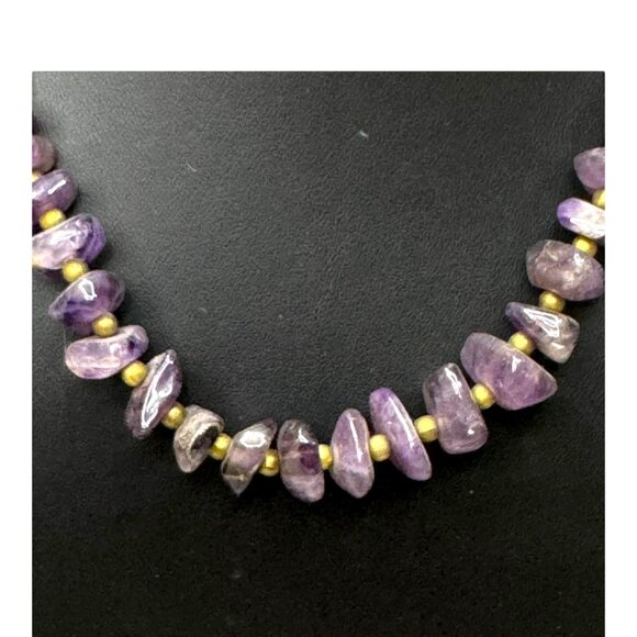 Vintage Amethyst & Brass Bead Necklace 17" Chunky Gemstone Purple Boho Chic - Picture 2 of 8